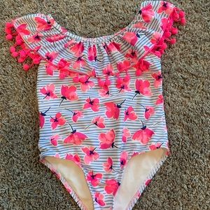 Nicole miller size 4 off the shoulder swim suit with pom poms